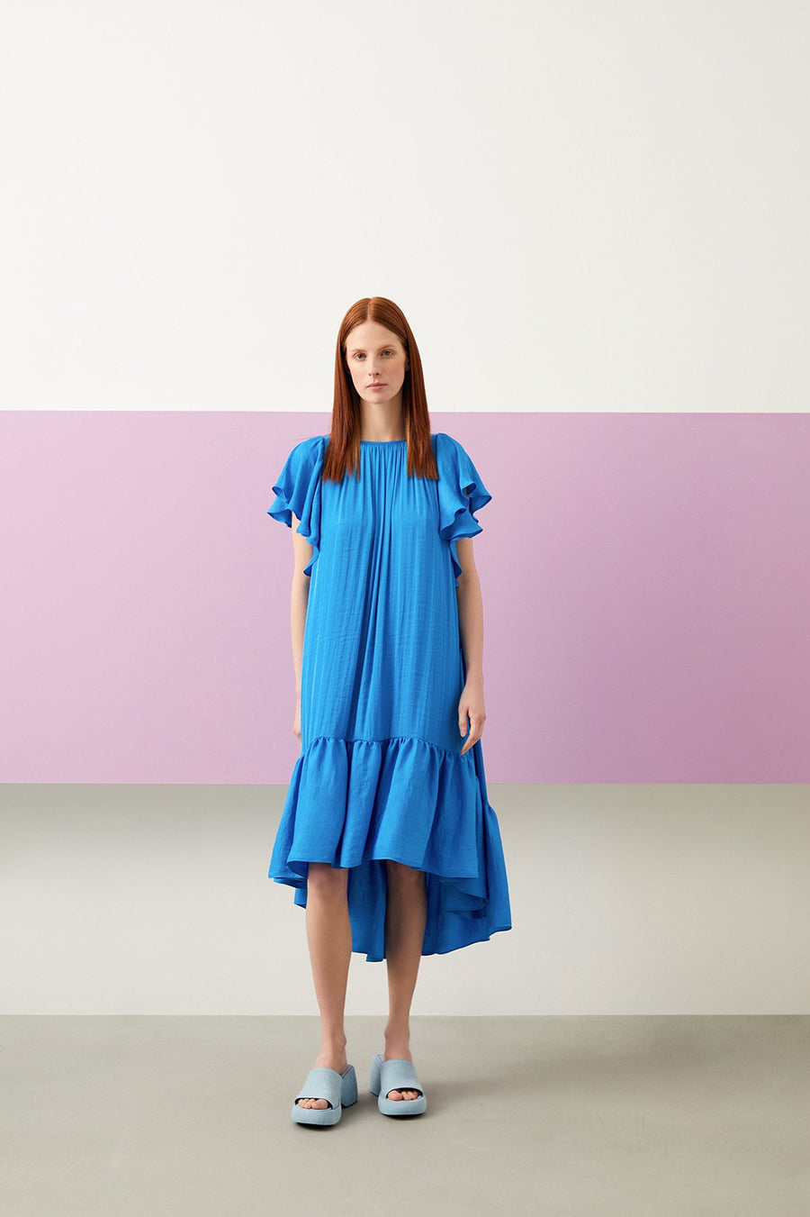 Blue Short Sleeve Flared Asymmetrical Cut Dress | Porterist