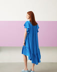 Blue Short Sleeve Flared Asymmetrical Cut Dress | Porterist