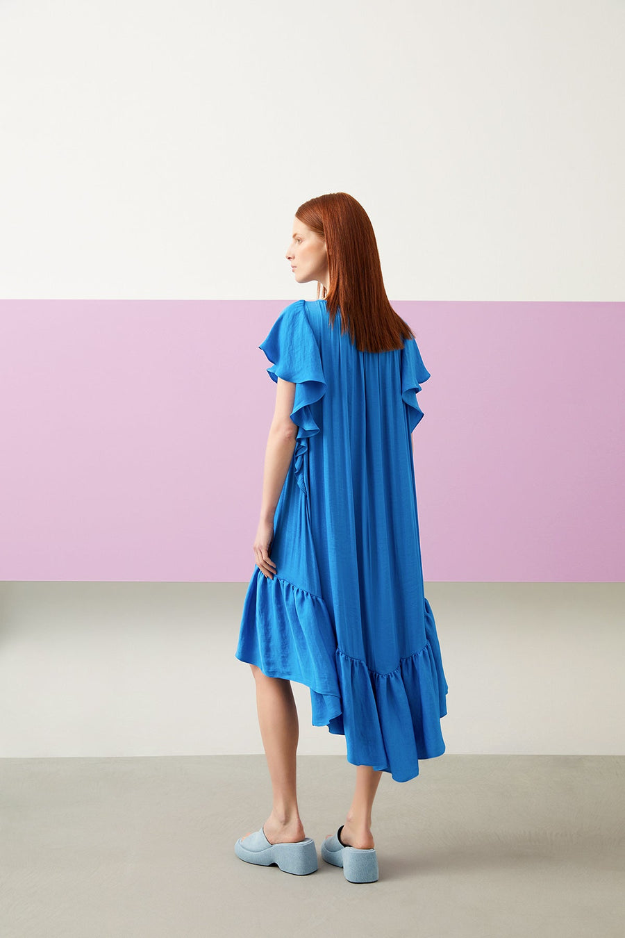 Blue Short Sleeve Flared Asymmetrical Cut Dress | Porterist