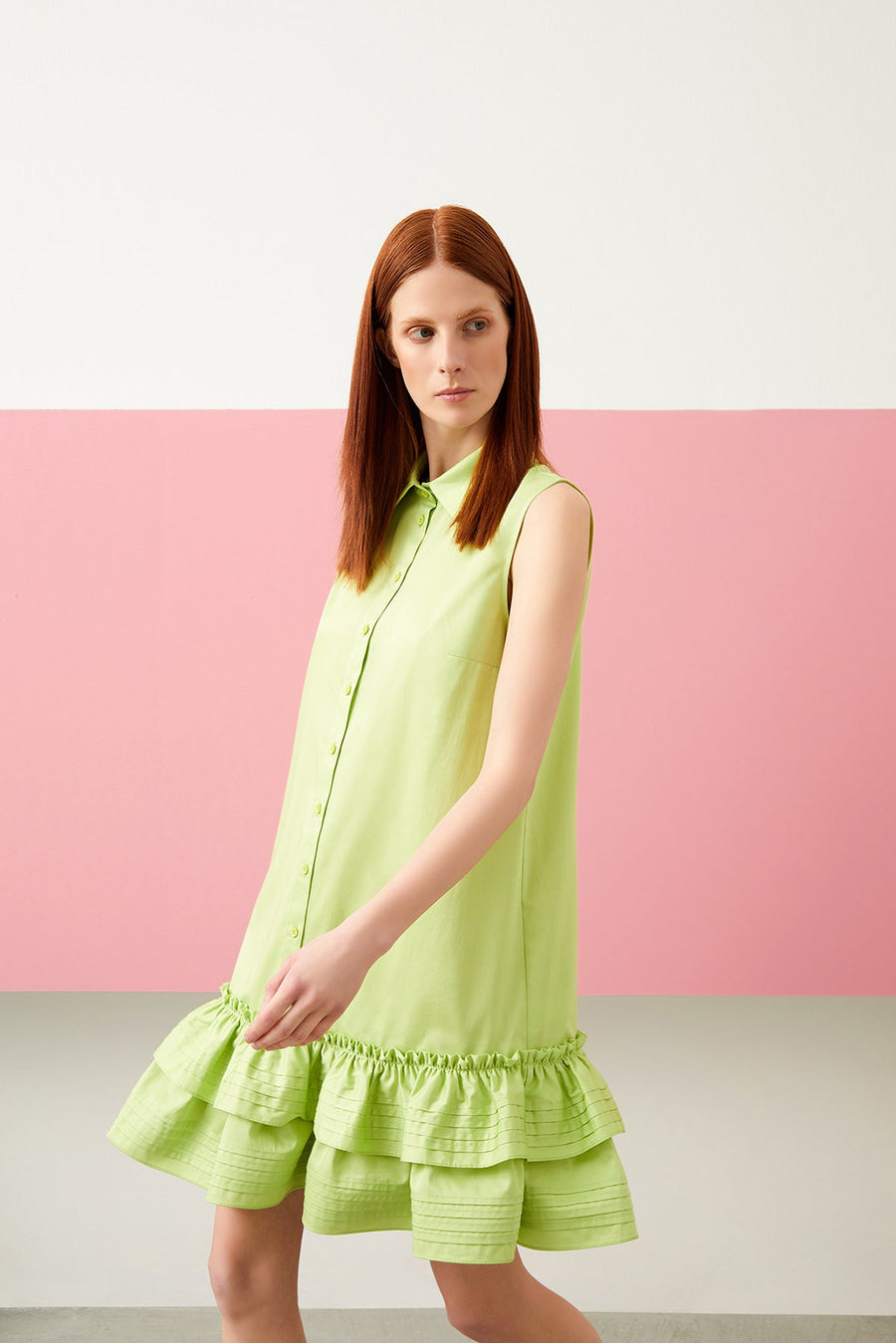 Green Ruffle Shirt Collar Sleeveless Mini Dress | Porterist