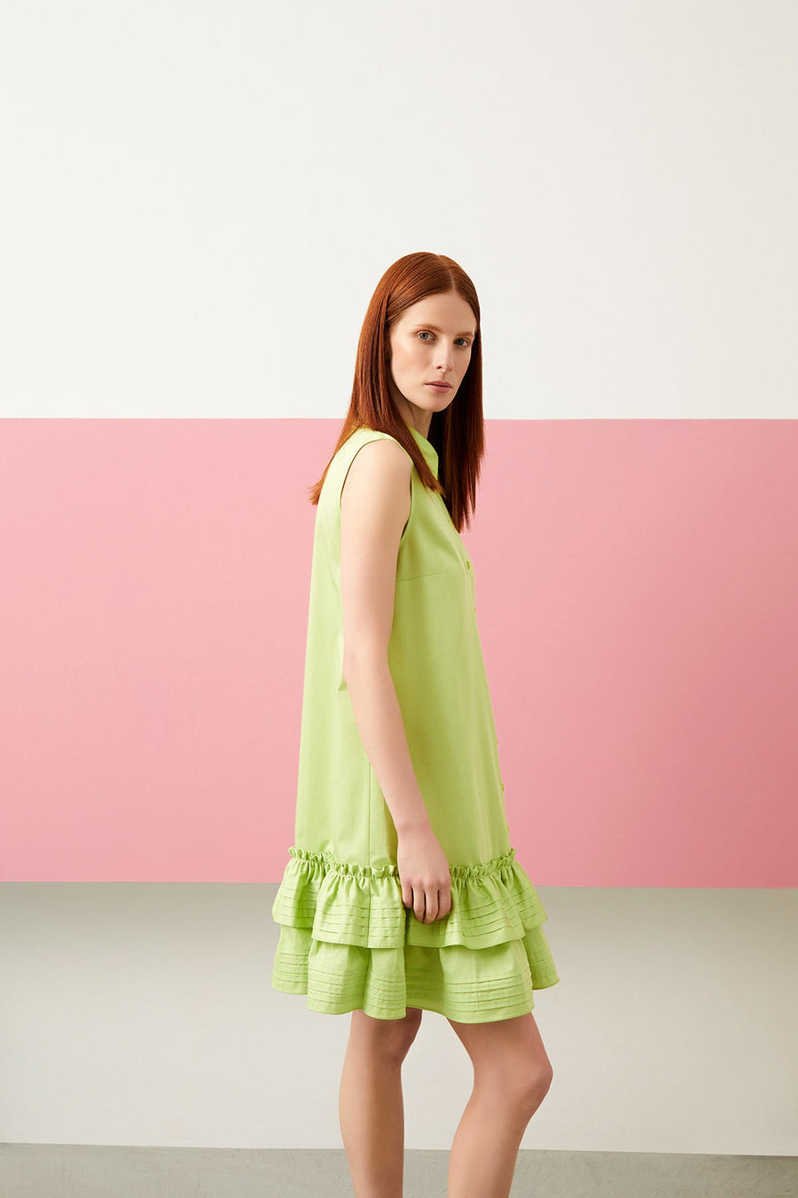 Green Ruffle Shirt Collar Sleeveless Mini Dress | Porterist