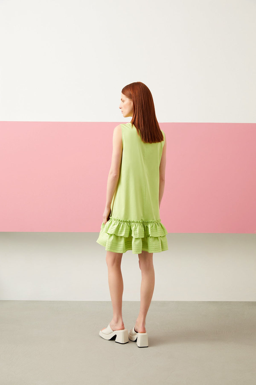 Green Ruffle Shirt Collar Sleeveless Mini Dress | Porterist