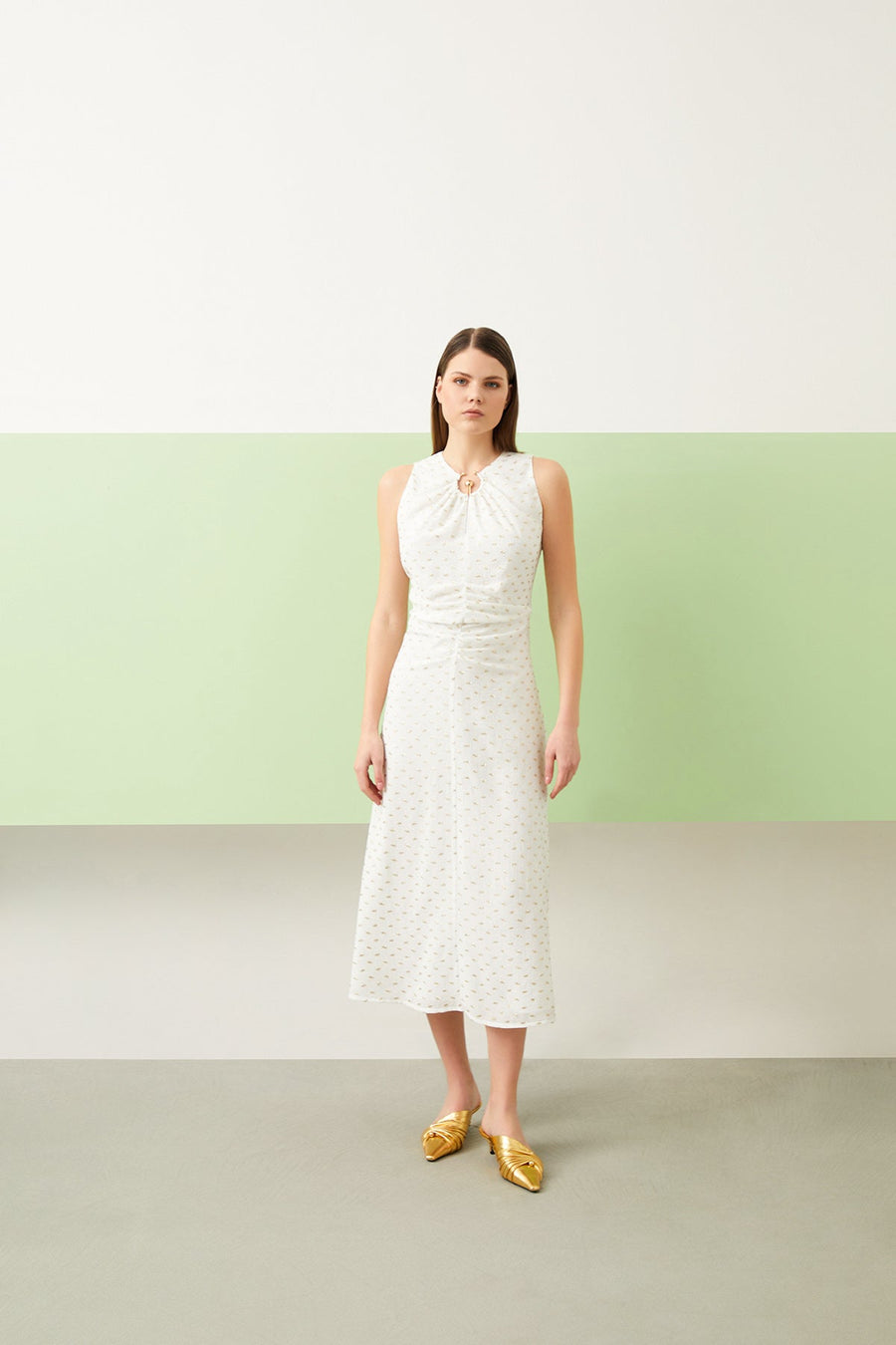 Ecru Patterned Sleeveless Mid-length Dress | Porterist