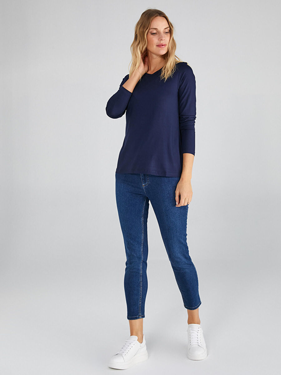 Navy Blue Round Collar Long Sleeve T - shirt 00013