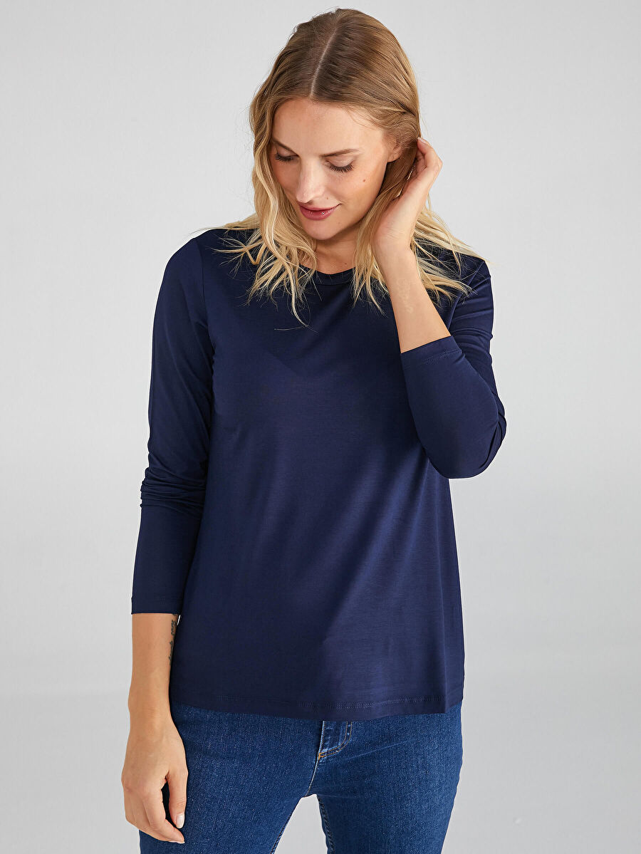 Navy Blue Round Collar Long Sleeve T - shirt 00013