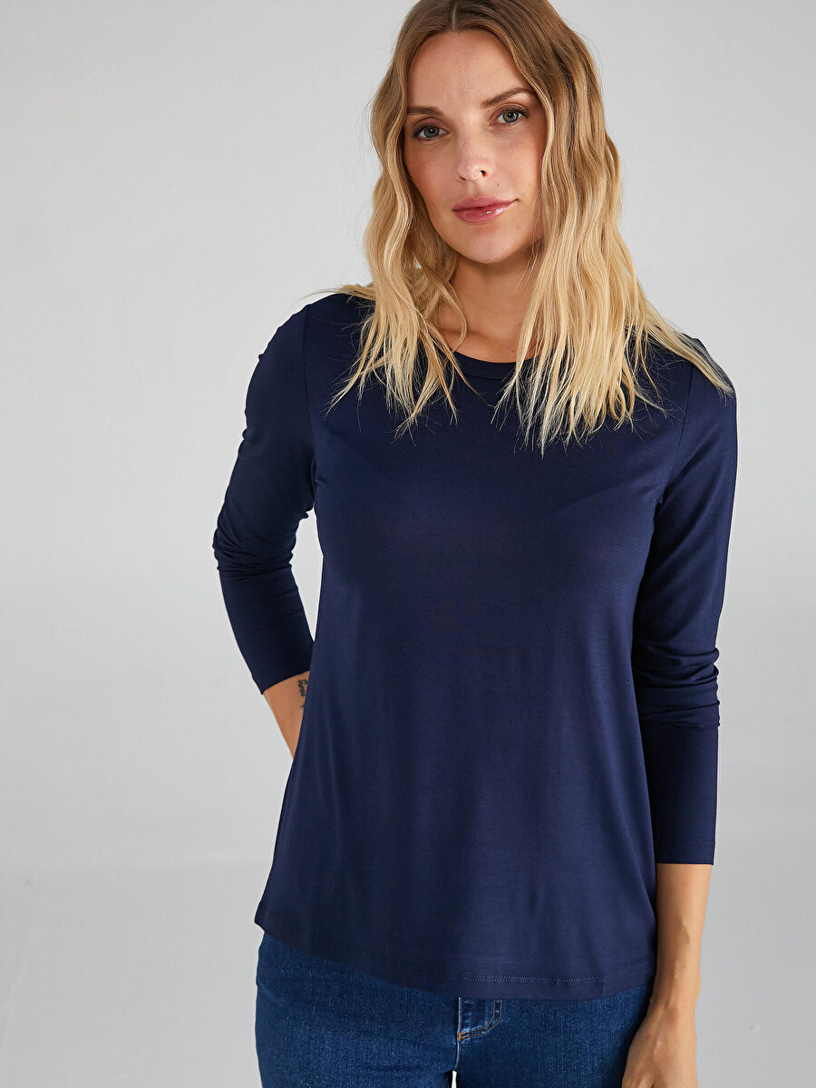 Navy Blue Round Collar Long Sleeve T - shirt 00013