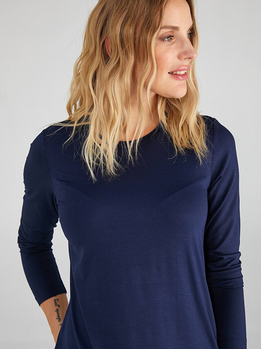 Navy Blue Round Collar Long Sleeve T - shirt 00013