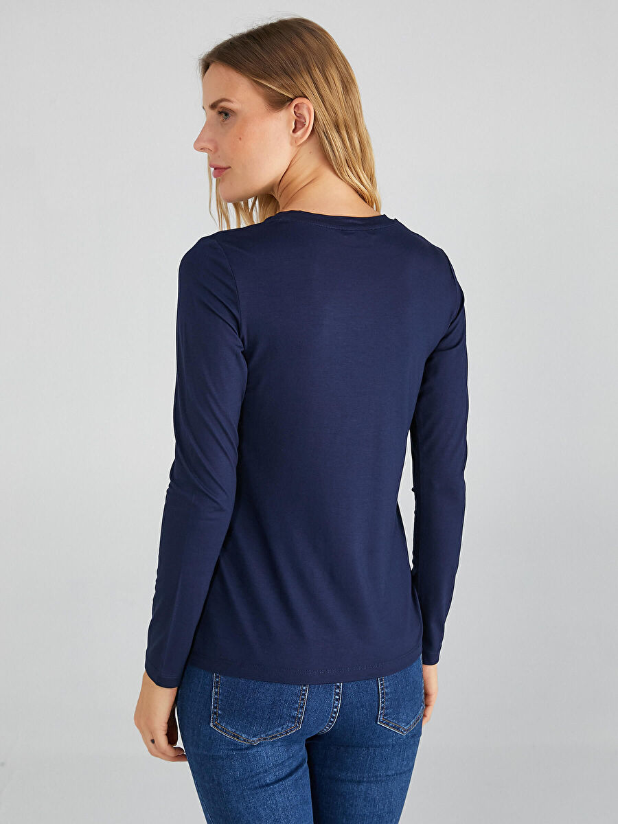 Navy Blue Round Collar Long Sleeve T - shirt 00013