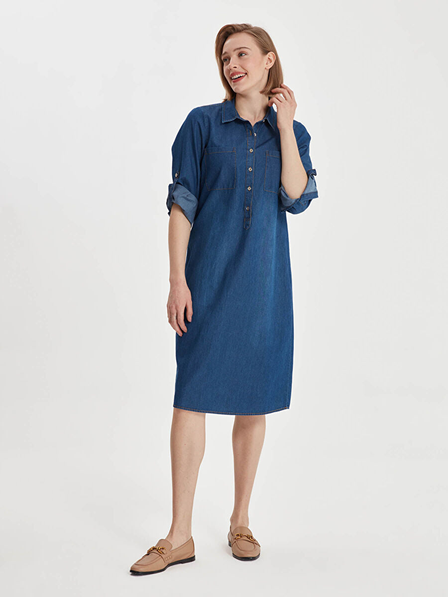 Indigo Shirt Collar Jean Dress 00069 | Porterist