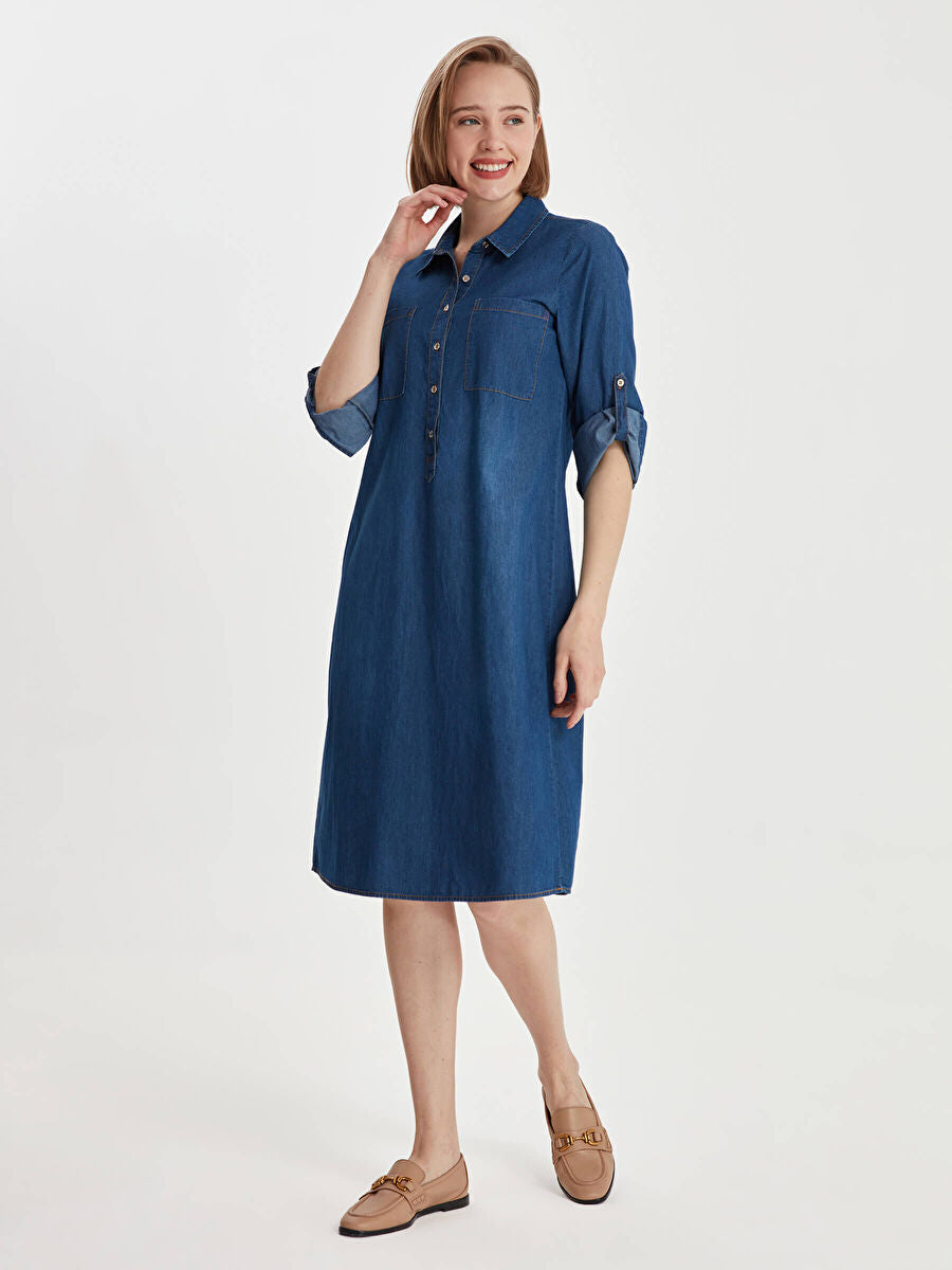 Indigo Shirt Collar Jean Dress 00069 | Porterist