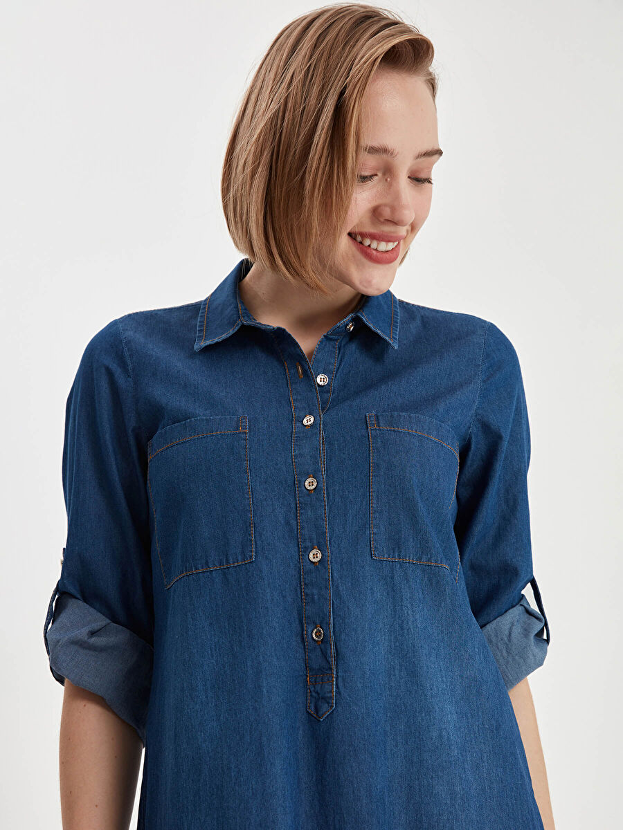 Indigo Shirt Collar Jean Dress 00069 | Porterist