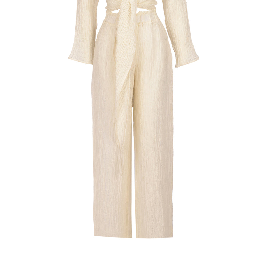 Thalia Sand Blossom Cotton Linen Elastic Pants | Porterist