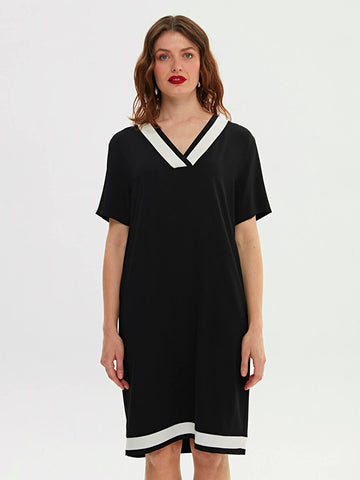 Black Color Blocky V-neck Short Sleeve Woven Dress 66273 |
