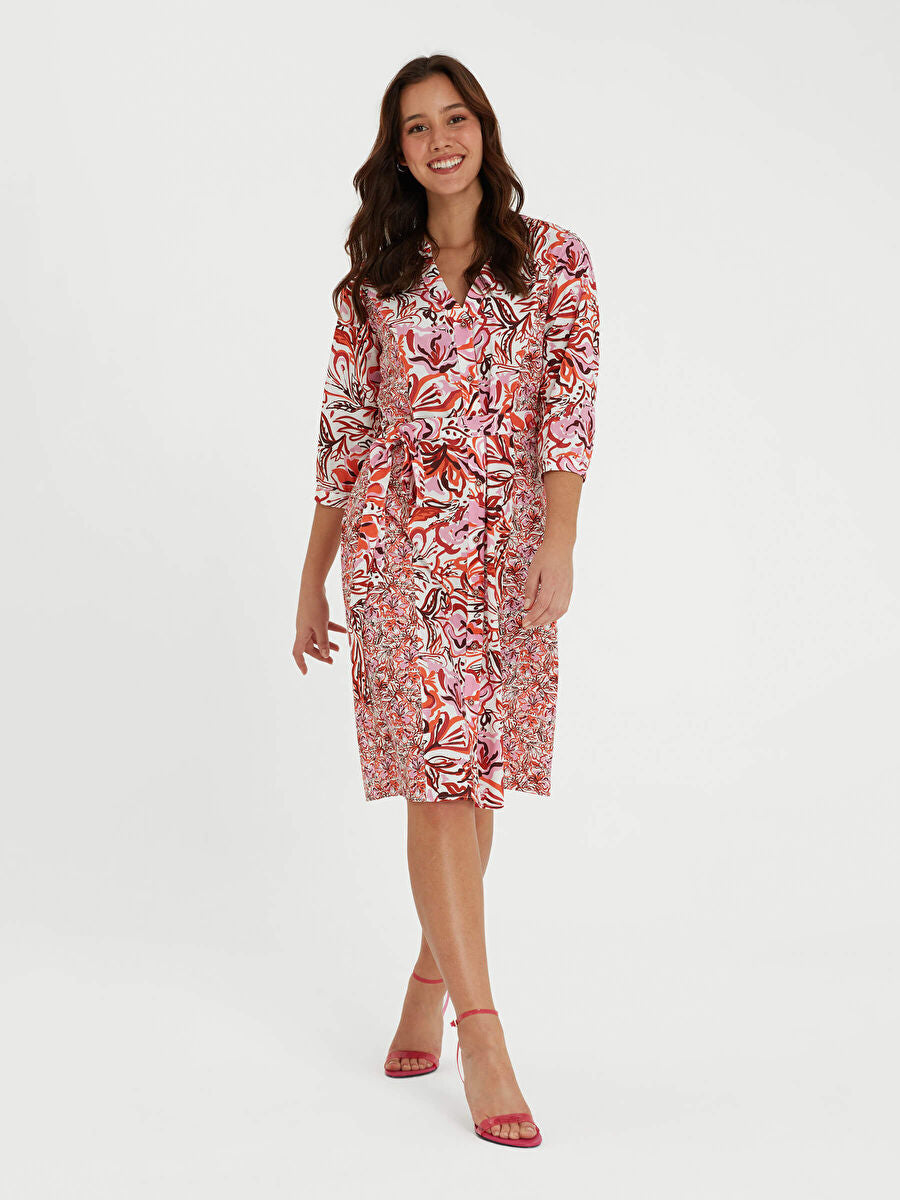 Ecru Floral Patterned Poplin Shirt Dress 66278 | Porterist