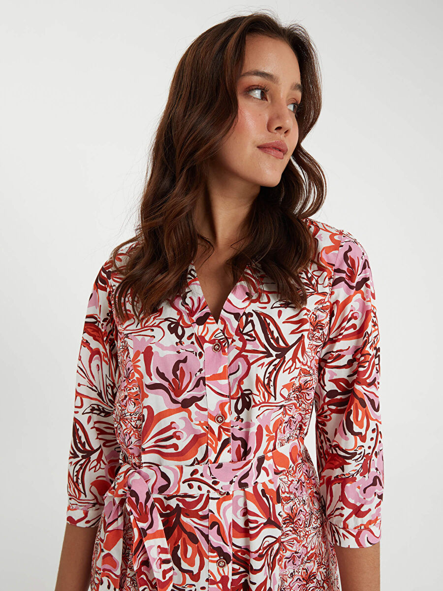 Ecru Floral Patterned Poplin Shirt Dress 66278 | Porterist