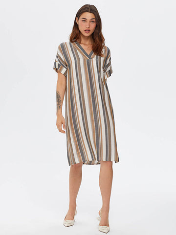 Beige Striped V-neck Linen Blend Dress 66298 | Porterist