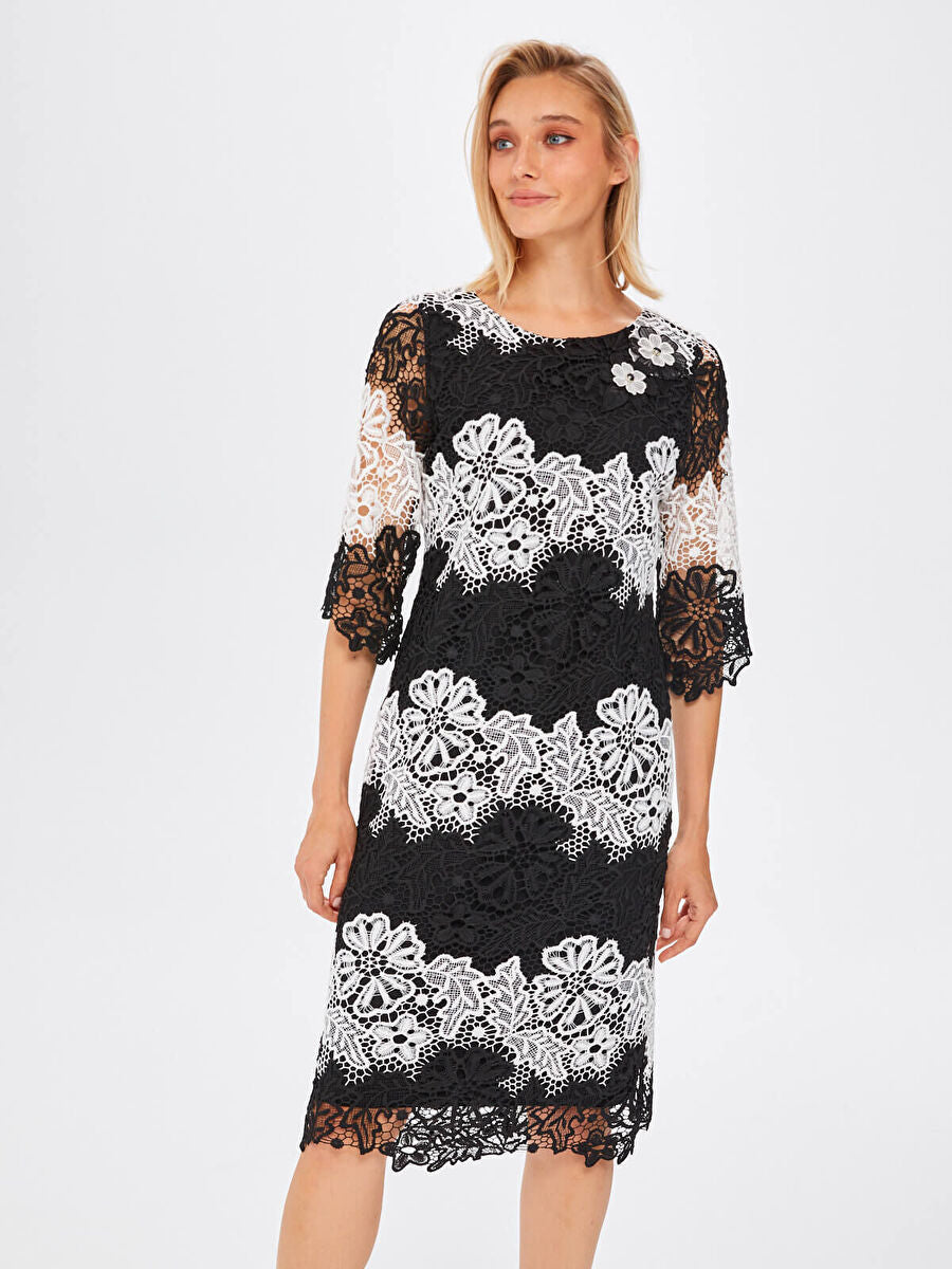 Black Color Blocky Lace Evening Dress 67103 | Porterist