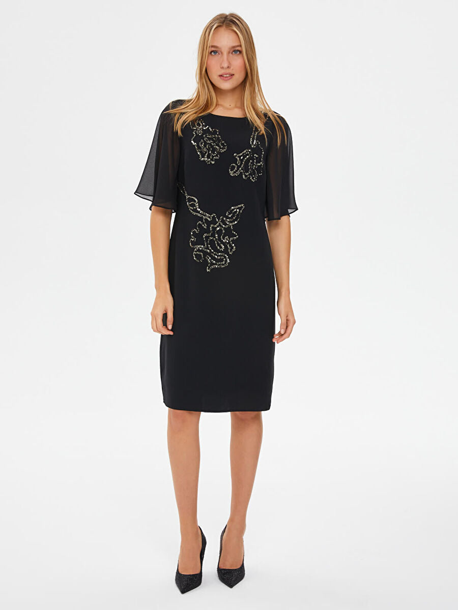 Black Sequin Embroidered Chiffon Sleeve Evening Dress 67104