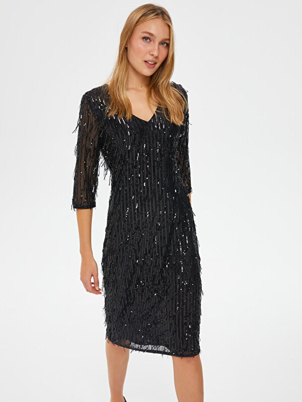 Black Sequin Embroidered 3/4 Sleeve Evening Dress 67109