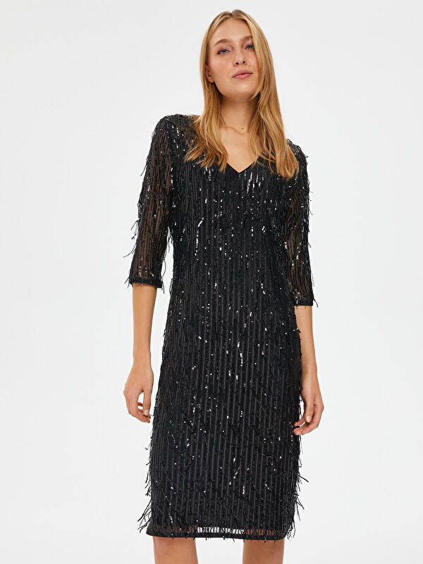 Black Sequin Embroidered 3/4 Sleeve Evening Dress 67109