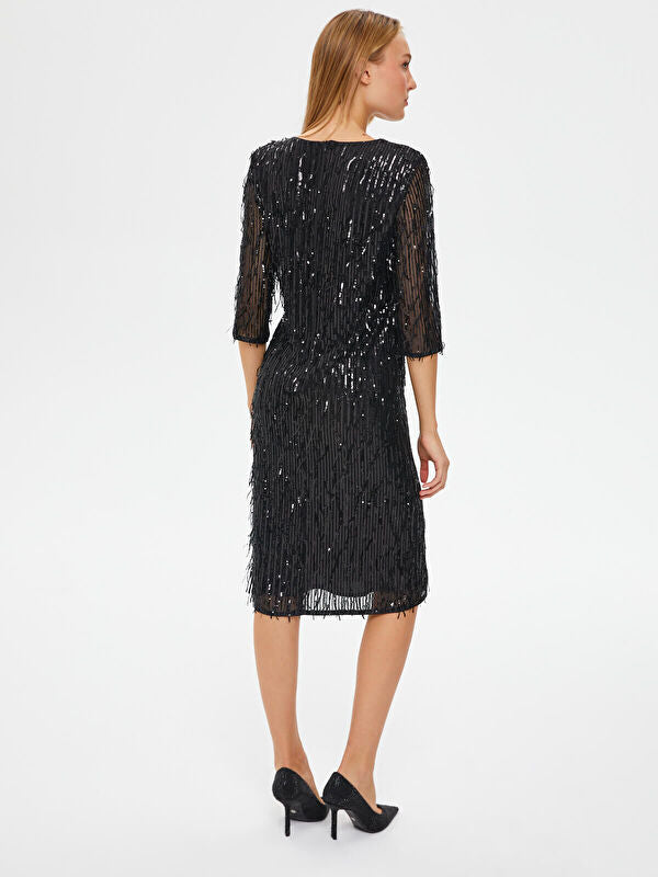 Black Sequin Embroidered 3/4 Sleeve Evening Dress 67109