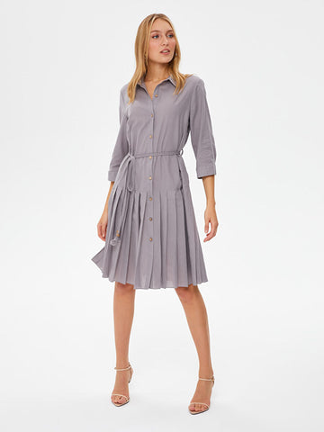 Taupe Skirt Pleated Detailed Cotton Voile Dress 67216 |