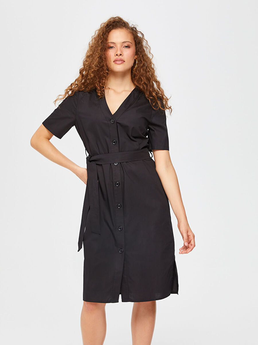 Black Short Sleeve V - neck Poplin Shirt Dress 67217