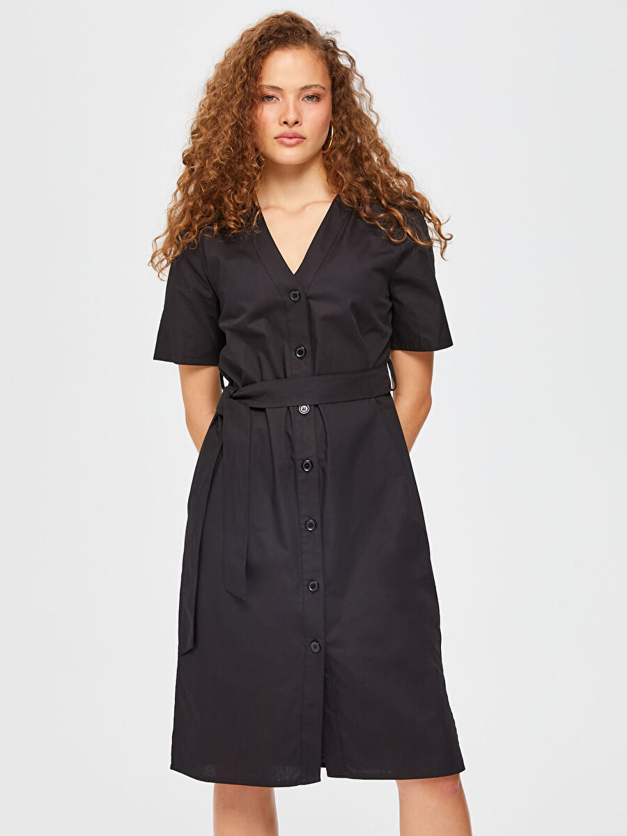 Black Short Sleeve V - neck Poplin Shirt Dress 67217