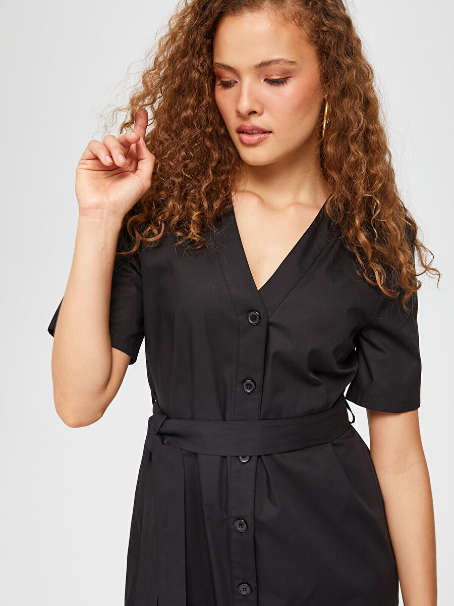 Black Short Sleeve V - neck Poplin Shirt Dress 67217