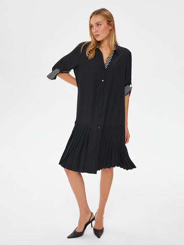 Black Shirt Dress With Pleated Skirt And Striped Garnish