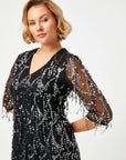 Black Sequin Evening Dress With Tassels 68113 | Porterist