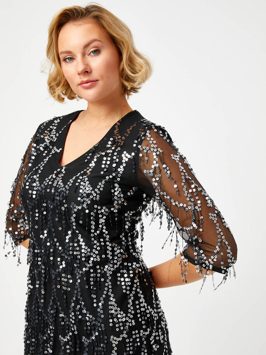 Black Sequin Evening Dress With Tassels 68113 | Porterist