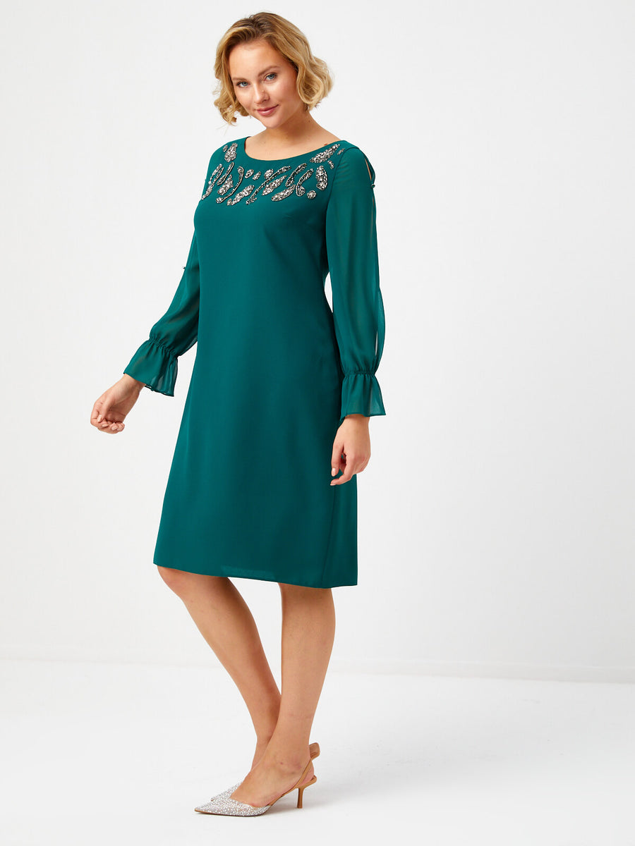 Emerald Evening Dress With Chiffon Sleeves Button Detail