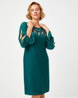 Emerald Evening Dress With Chiffon Sleeves Button Detail