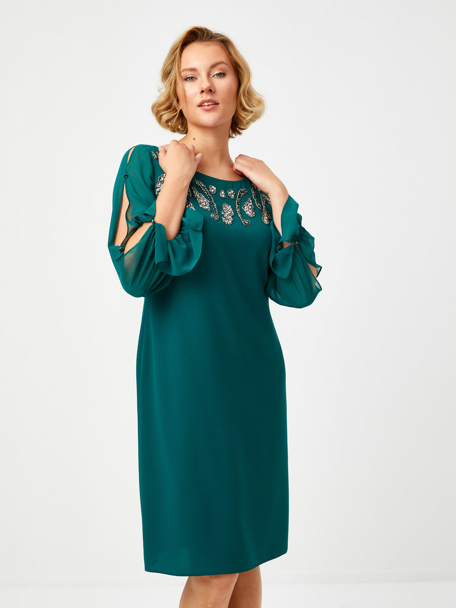 Emerald Evening Dress With Chiffon Sleeves Button Detail