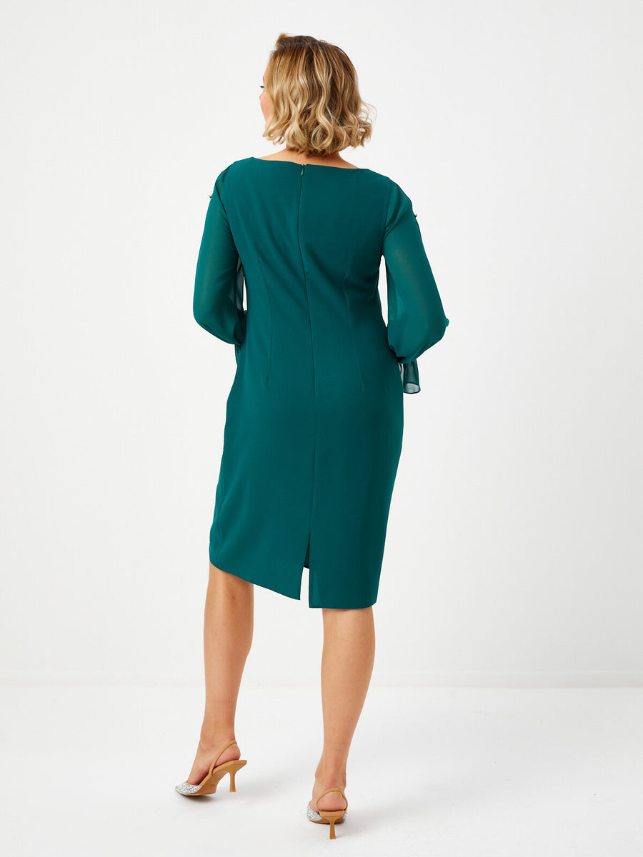 Emerald Evening Dress With Chiffon Sleeves Button Detail