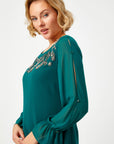 Emerald Evening Dress With Chiffon Sleeves Button Detail