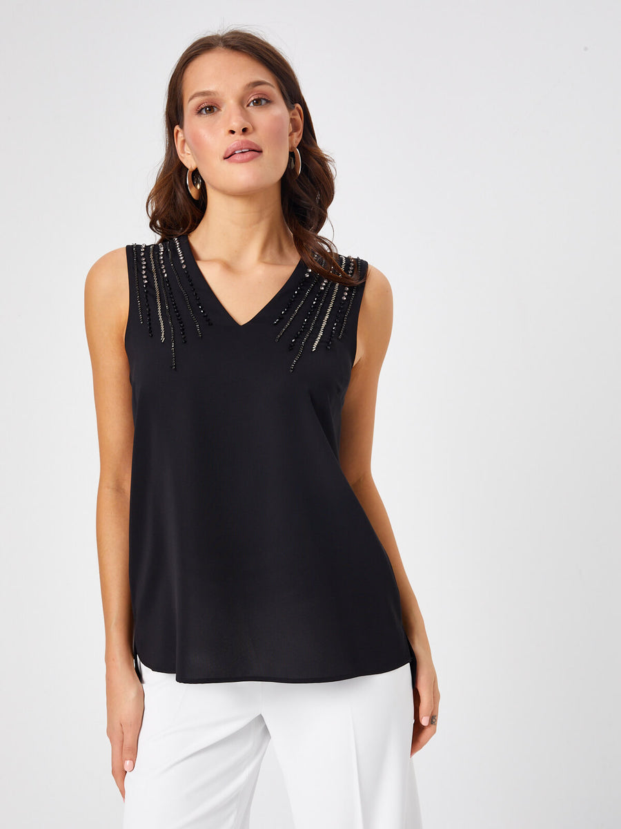 Black Stone Embroidered V - neck Undershirt 68129