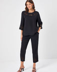 Black Hole Embroidery Detailed Crew Neck 3/4 Sleeve Blouse