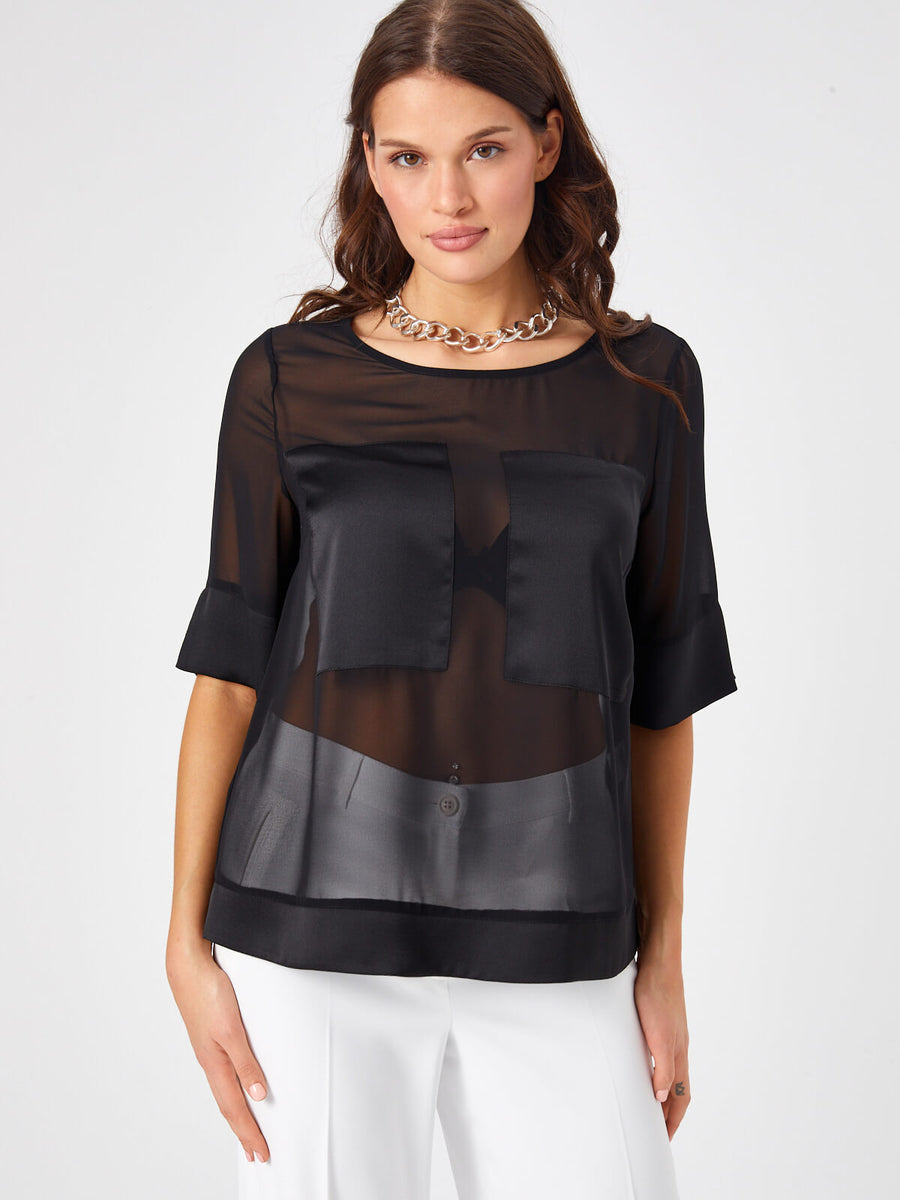 Black Short Sleeve Chiffon Blouse With Satin Garnish 68163