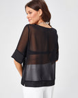 Black Short Sleeve Chiffon Blouse With Satin Garnish 68163