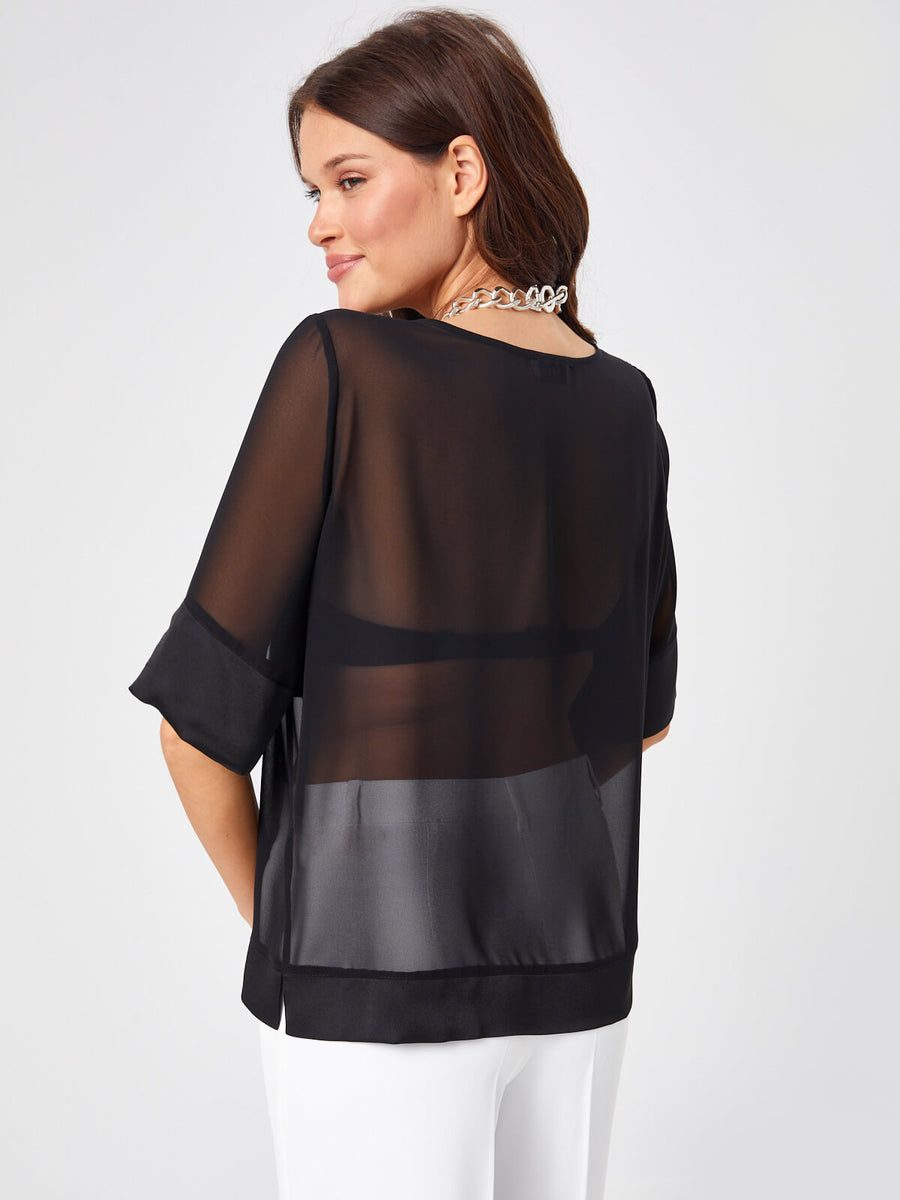 Black Short Sleeve Chiffon Blouse With Satin Garnish 68163