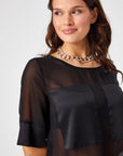 Black Short Sleeve Chiffon Blouse With Satin Garnish 68163