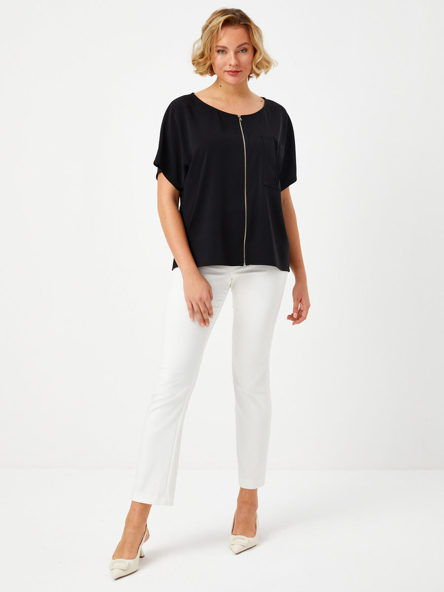 Black Woven Blouse With Ribbed Pockets And Zipper Detail