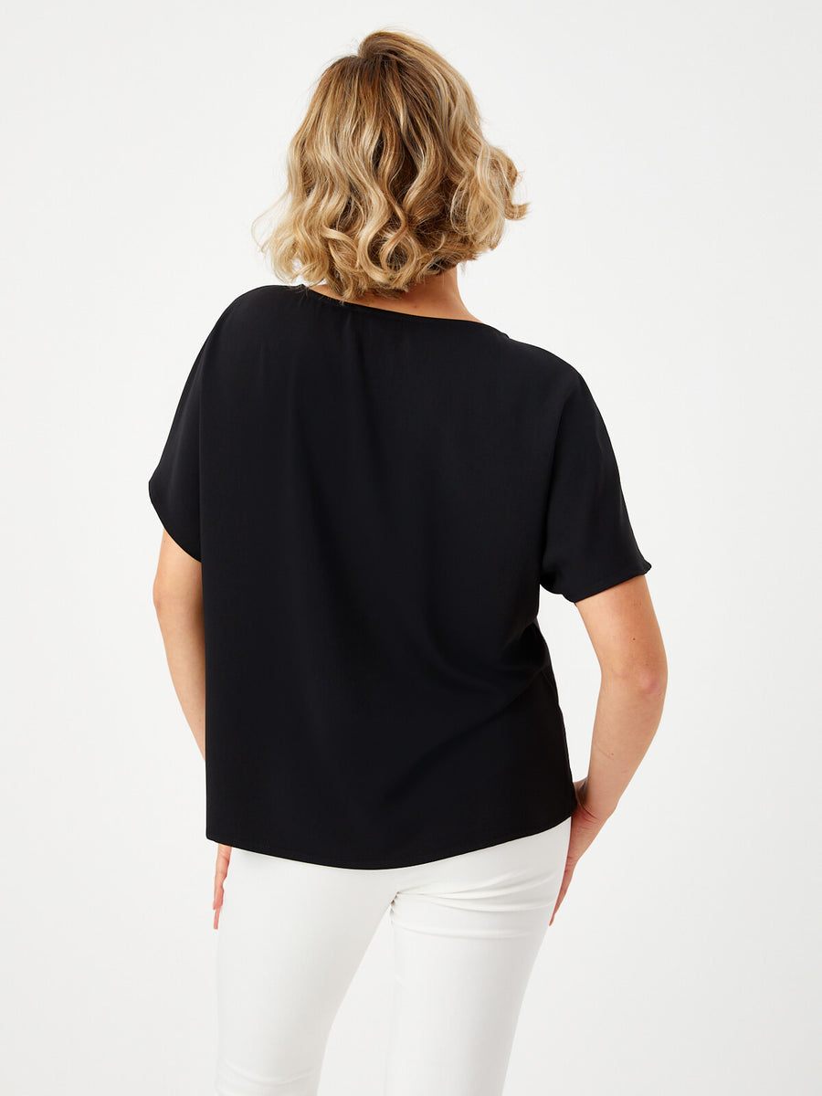 Black Woven Blouse With Ribbed Pockets And Zipper Detail