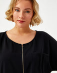 Black Woven Blouse With Ribbed Pockets And Zipper Detail