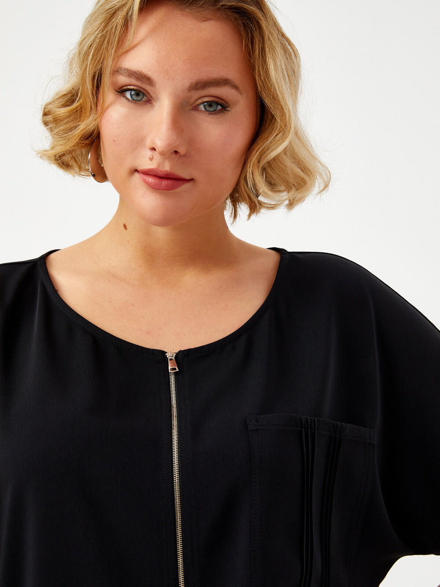 Black Woven Blouse With Ribbed Pockets And Zipper Detail