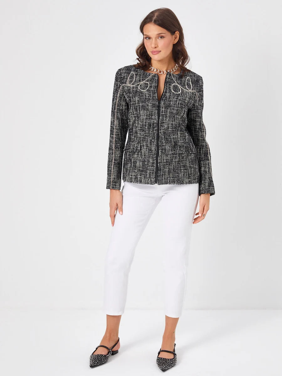 Glitter Tweed Jacket With Black Chain Embroidery 68226