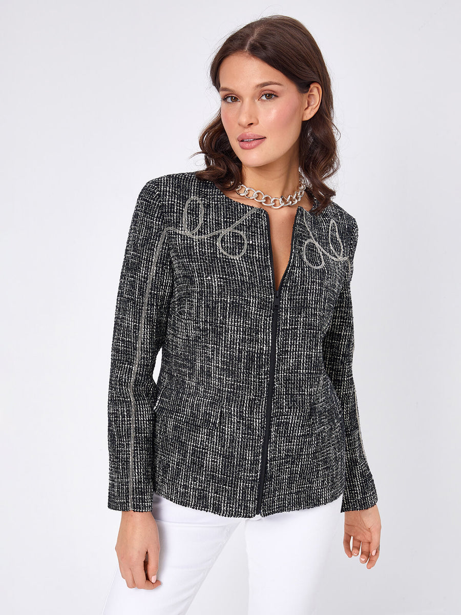 Glitter Tweed Jacket With Black Chain Embroidery 68226