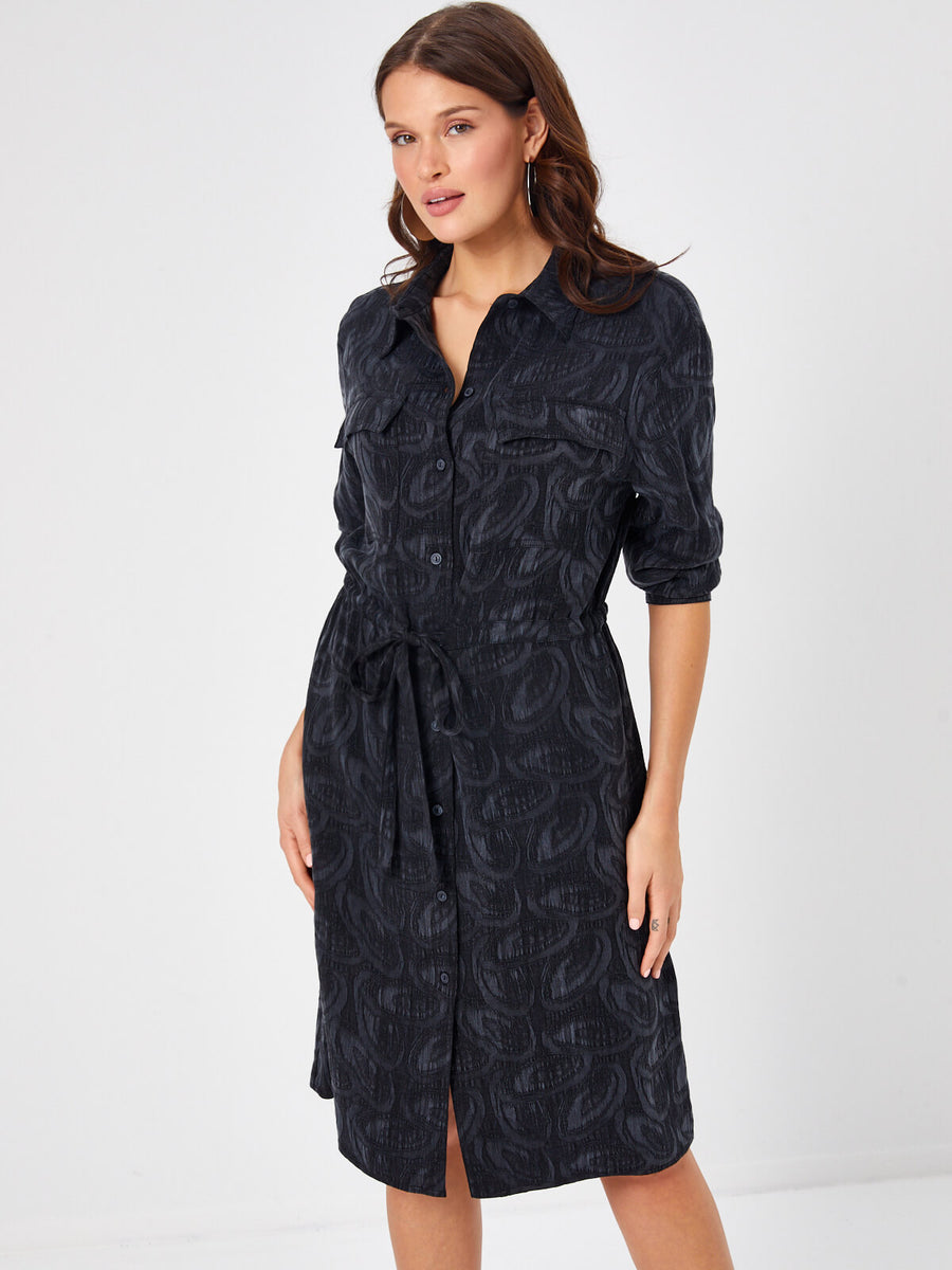 Black Self Jacquard Lyocell Tunnel Waist Shirt Dress 68291